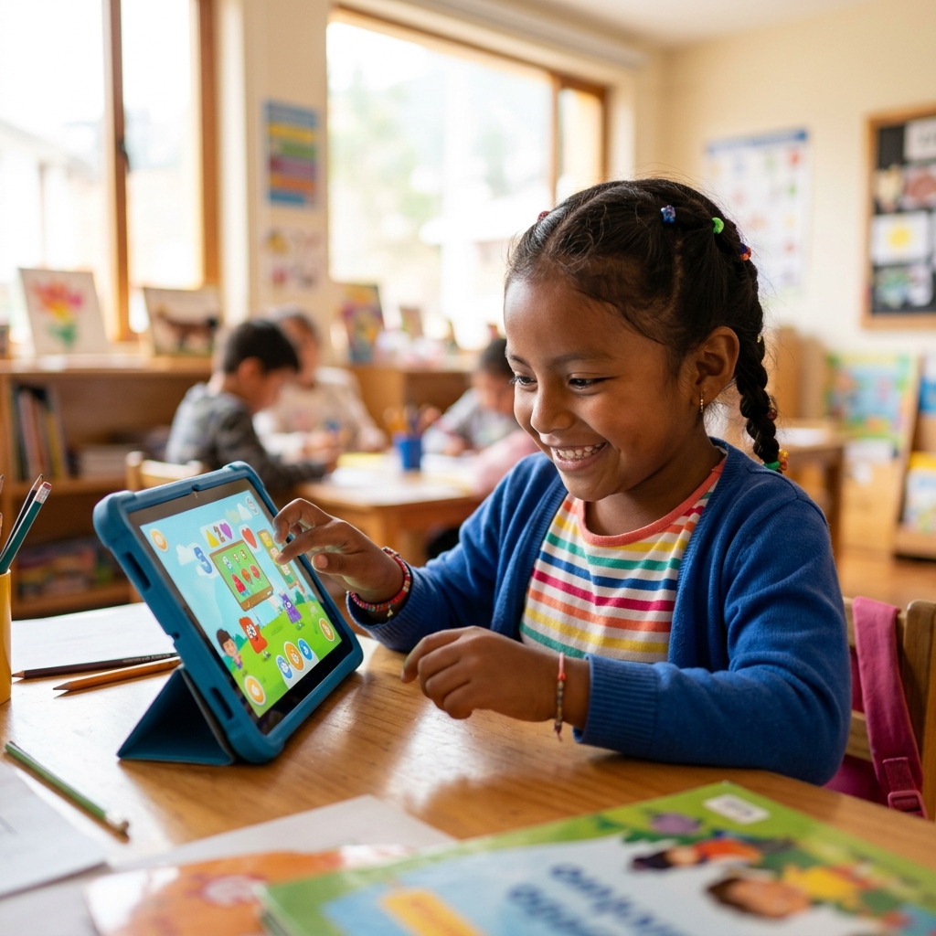 Niño ecuatoriano interactuando con tablet de entrenamiento cognitivo
