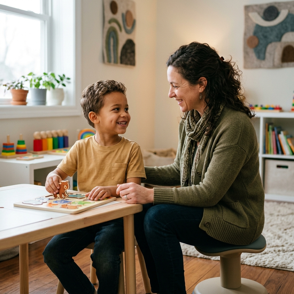 Tutor y niño trabajando juntos en actividad cognitiva inclusiva